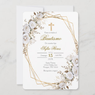 Invitación Ramo de flores blancas Bautismo en español Invitac