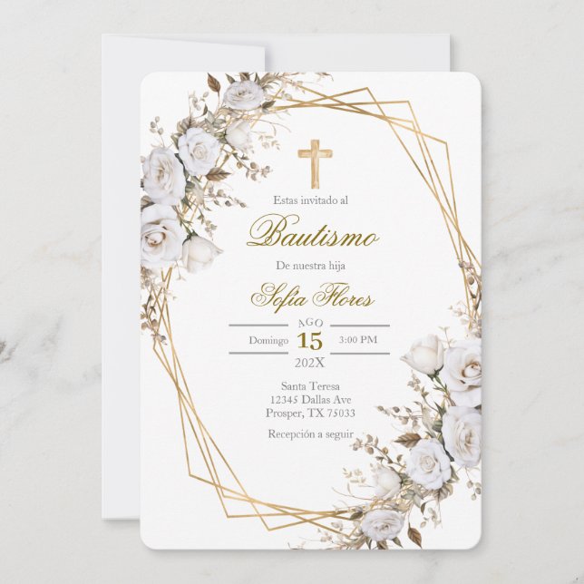 Invitación Ramo de flores blancas Bautismo en español Invitac (Anverso)