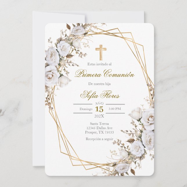 Invitación Ramo de flores blancas primera comunión en español (Anverso)