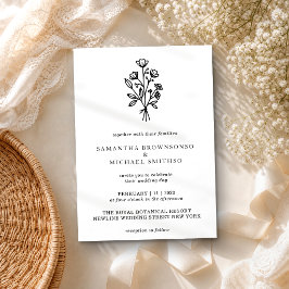 Invitación Ramo de flores botánicos con letras negras blancas