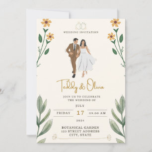Invitación Ramo de flores con cinta amarilla tropical en el b