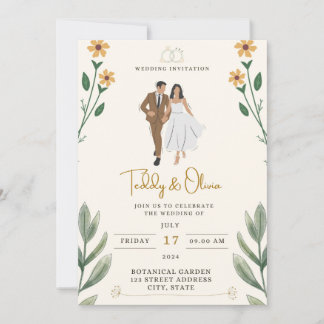 Invitación Ramo de flores con cinta amarilla tropical en el b