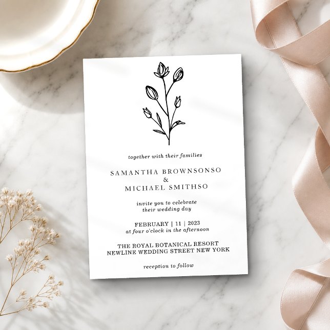 Invitación Ramo de flores con letra negra y blanca Botánico (Subido por el creador)