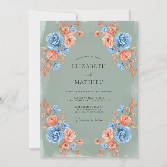Invitación Ramo de flores de coral azul para boda (Anverso)