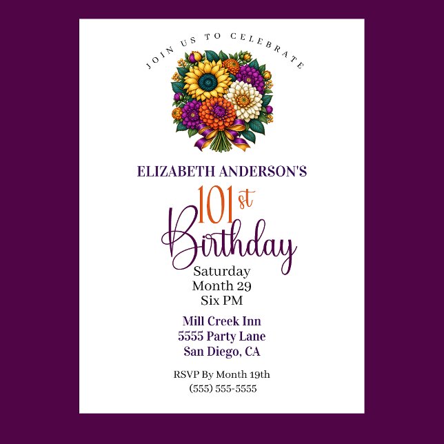 Invitación Ramo de flores de otoño opulento cumpleaños 101 (Opulent Autumn Flower Bouquet 101st Birthday Invitation For Women.)