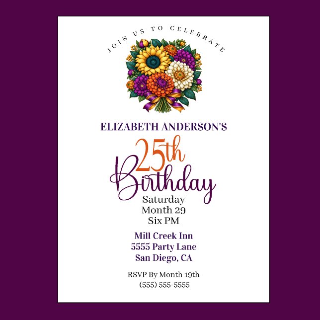 Invitación Ramo de Flores de Otoño Opulento Cumpleaños 25 (Opulent Fall Flower Bouquet 25th Birthday Invitation For Women.)