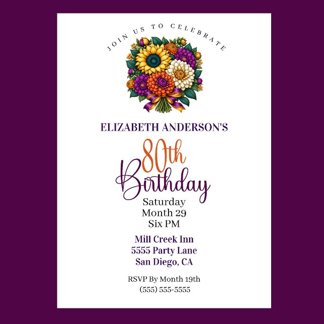 Invitación Ramo de flores de otoño opulento Cumpleaños 80 (Opulent Autumn Flower Bouquet 80th Birthday Invitation For Women.)