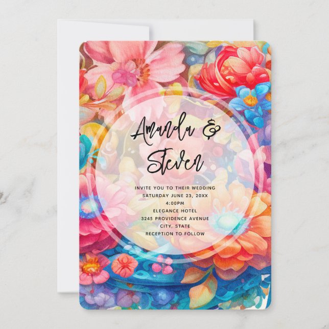 Invitación Ramo De Flores En Boda Boho De Rosa, Naranja Y Azu (Anverso)