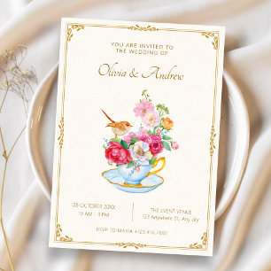 Invitación Ramo de flores estético taza de té boda