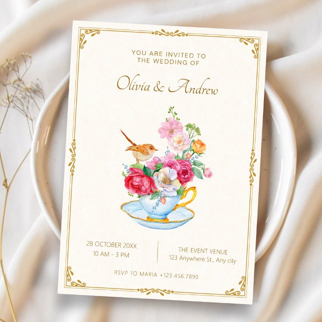 Invitación Ramo de flores estético taza de té boda (Subido por el creador)