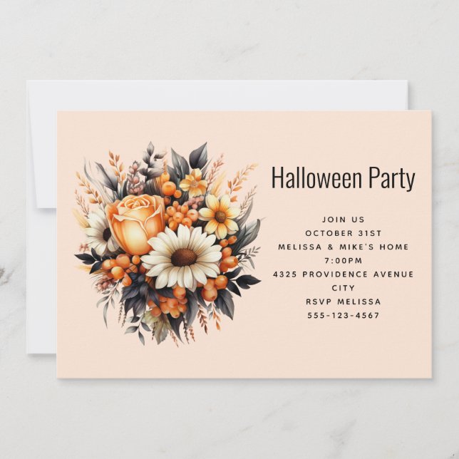 Invitación Ramo de flores naranjas amarillas grises para fies (Anverso)