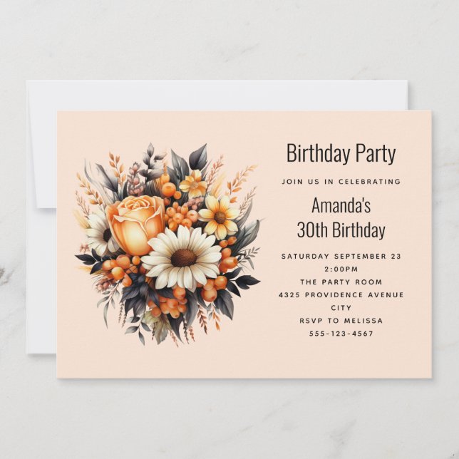 Invitación Ramo de flores naranjas amarillas y grises cumplea (Anverso)