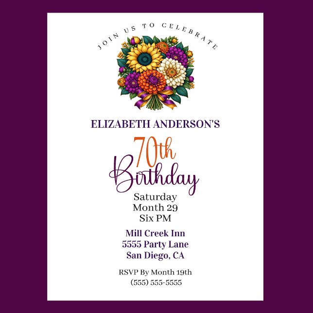 Invitación Ramo de flores otoñales opulentas para 70 cumpleañ (Opulent Autumn Flower Bouquet 70th Birthday Invitation For Women)