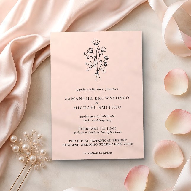 Invitación Ramo de flores pastel rosa Boho Mínimo Botánico (Subido por el creador)