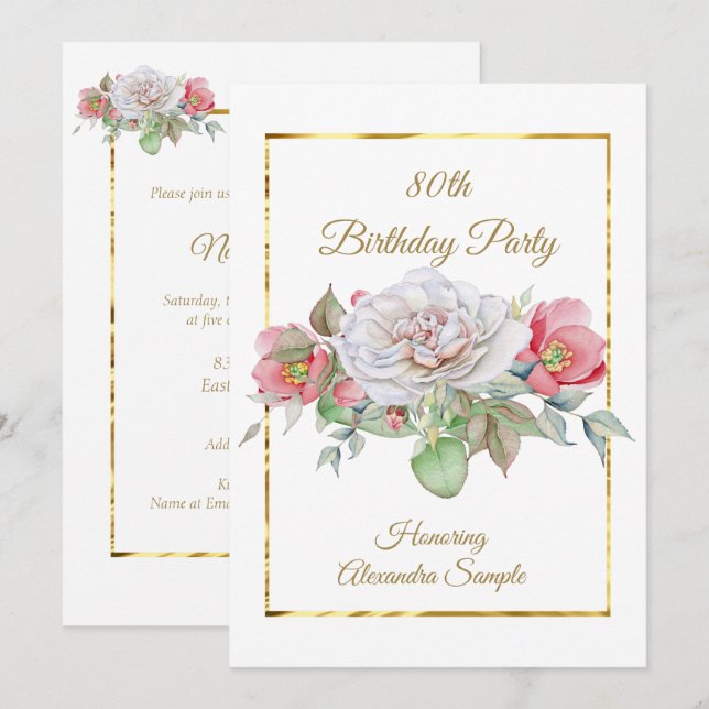 Invitación Ramo de flores rosa blanco Fiesta de cumpleaños do (Anverso / Reverso)