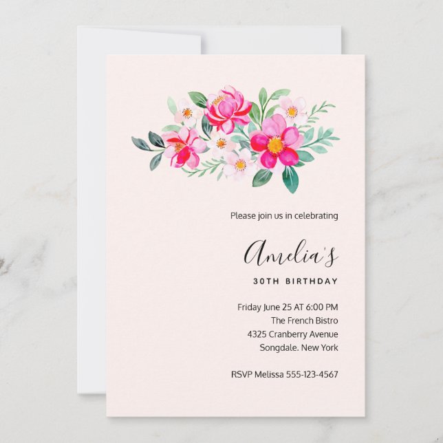 Invitación Ramo de flores rosadas juguetonas para cumpleaños (Anverso)