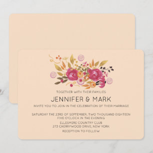 Invitación Ramo de flores rosadas y naranjas sobre fondo de m