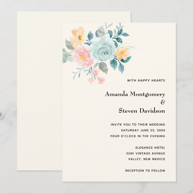 Invitación Ramo de flores rosas y azules con estilo - Boda (Anverso / Reverso)