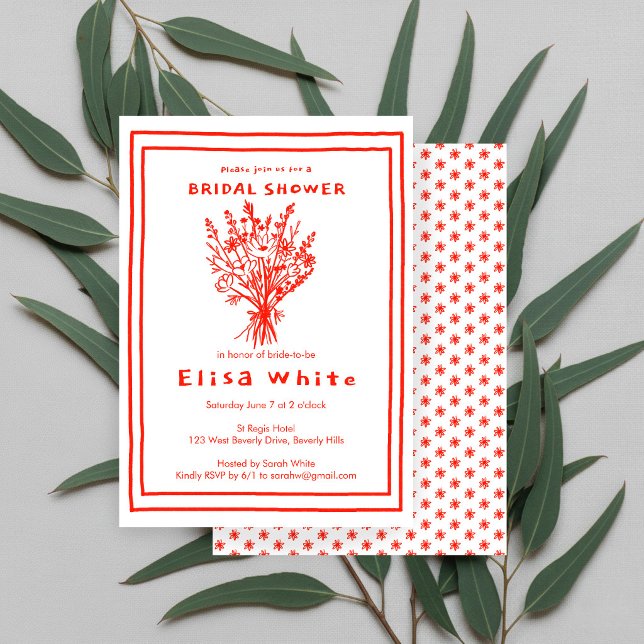 Invitación Ramo de flores silvestres Rústico Bridal Shower ca (Wildflower Bouquet Rustic Whimsical Bridal Shower Red White CUSTOM Invitation
)