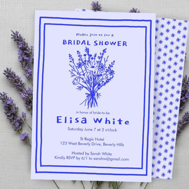 Invitación Ramo de flores silvestres Rústico Bridal Shower ca (Wildflower Bouquet Rustic Whimsical Bridal Shower Blue Periwinkle Invitation
)