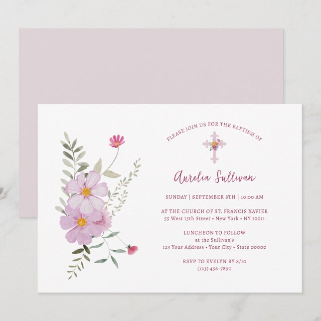Invitación Ramo de flores silvestres sencillas Bautizo (Anverso / Reverso)