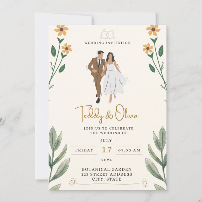 Invitación Ramo de flores tropicales con cinta amarilla (Anverso)