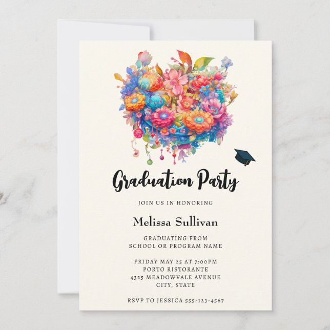 Invitación Ramo de flores veraniegas caprichoso boho graduaci (Anverso)