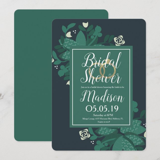 Invitación Ramo de follaje de rosa sofisticado con anillos de (Anverso / Reverso)