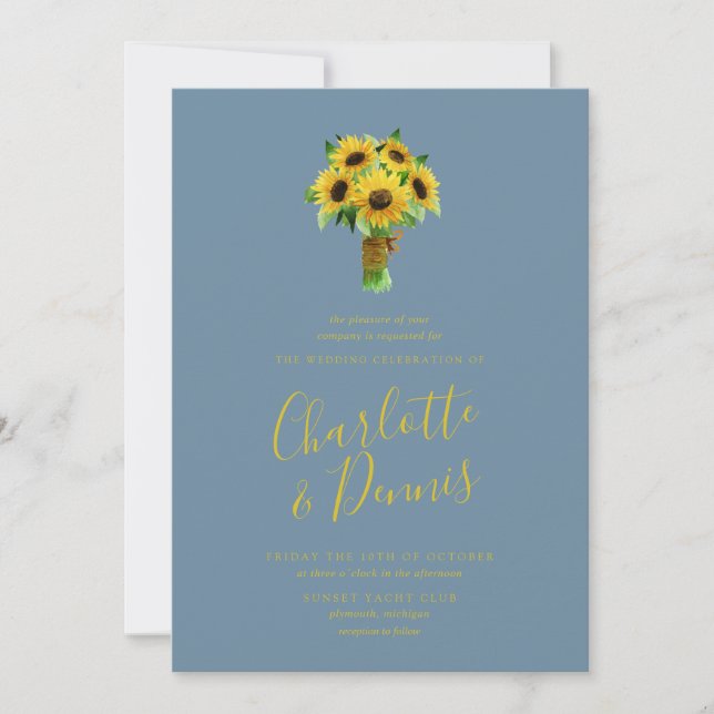 Invitación Ramo de girasol y boda azul (Anverso)