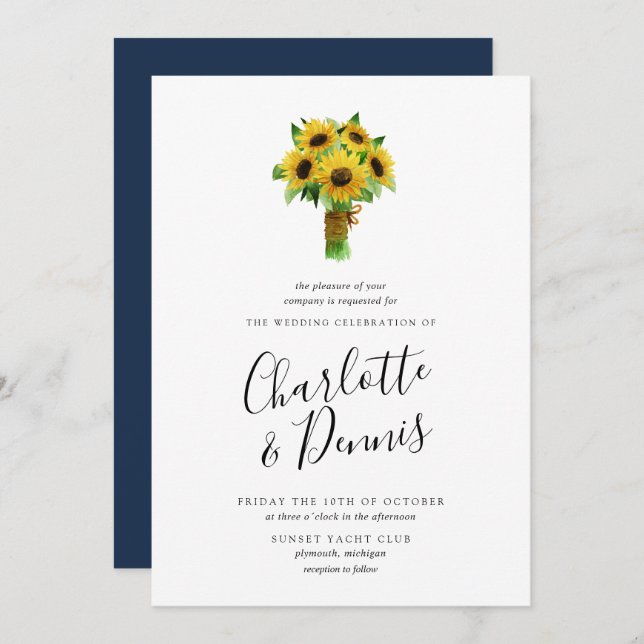 Invitación Ramo de girasol y boda de la marina (Anverso / Reverso)