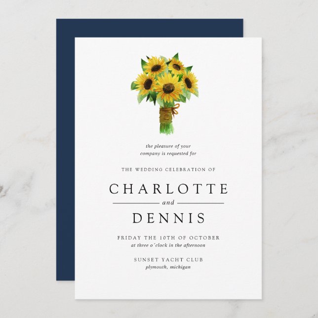 Invitación Ramo de girasol y boda de la marina (Anverso / Reverso)