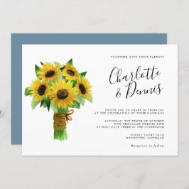 Invitación ramo de girasol y boda horizontal azul celeste