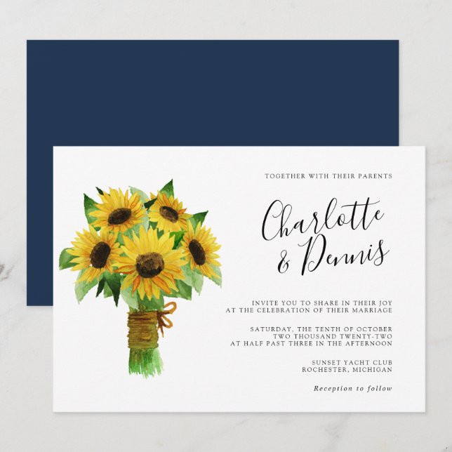 Invitación ramo de girasol y boda horizontal azul marino (Anverso / Reverso)