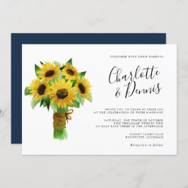 Invitación ramo de girasol y boda horizontal azul marino