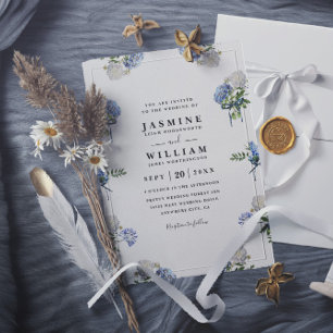 Invitación Ramo de Hortensias Azul Elegante Boda Moderna