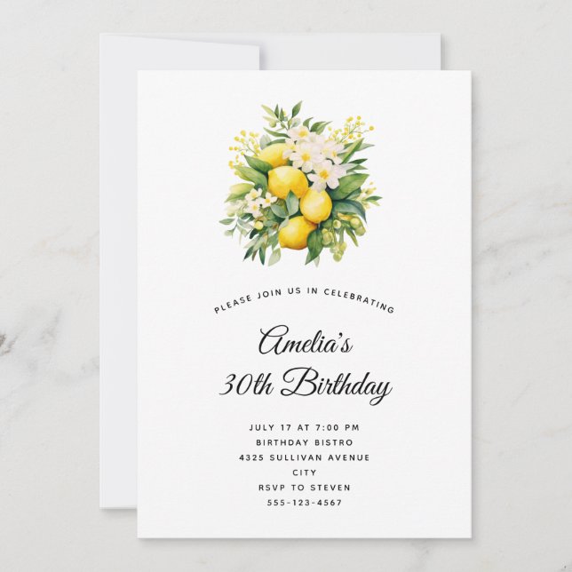 Invitación Ramo de limón con cumpleaños de flores blancas (Anverso)