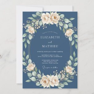 Invitación Ramo de novia de flores de cerezo crema azul marin