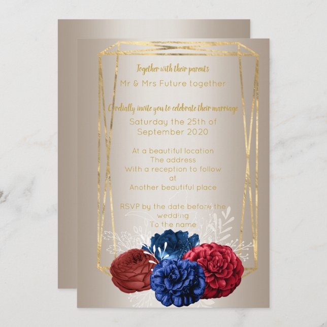 Invitación Ramo de oro de bronce Elegante boda azul rojo (Anverso / Reverso)
