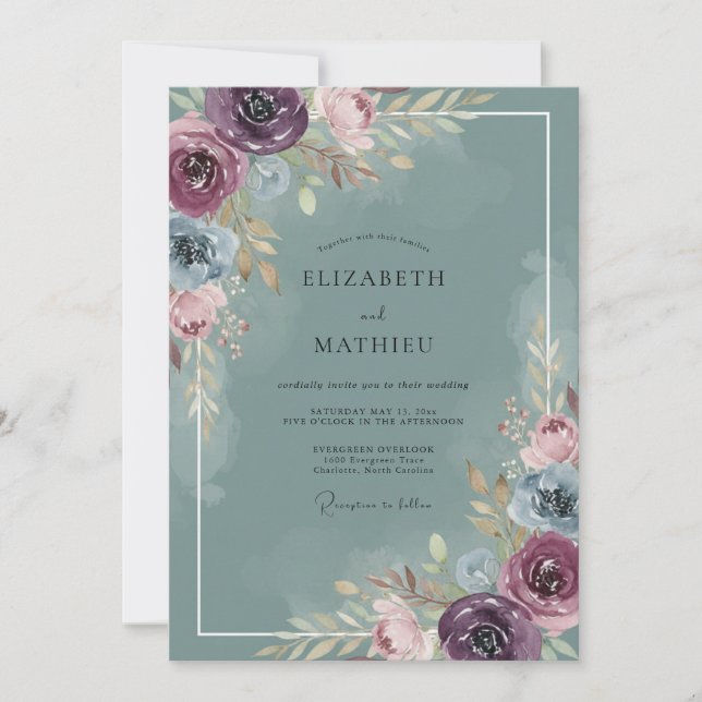 Invitación Ramo de Pizarra Ciruela Boda Eucalipto (Anverso)