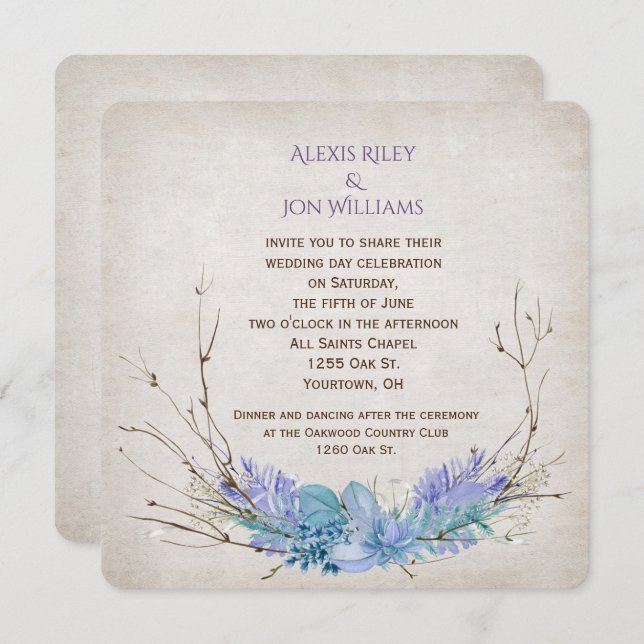 Invitación ramo de ramas púrpura y boda aqua sobre textura (Anverso / Reverso)