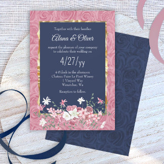 Invitación Ramo de rosas azul oscuro y rosa, boda arqueada