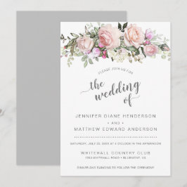 Invitación Ramo de rosas modernas rosadas con gris pálido par