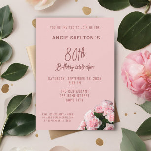 Invitación Ramo de Rosas Rosadas Cumpleaños 80 Fiesta Floral 