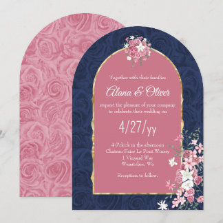 Invitación Ramo de rosas rosadas y azul oscuro, boda arqueada
