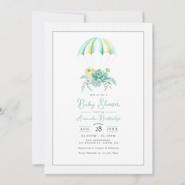Invitación Ramo de Suculentas Florales Paracaídas Shower de B (Anverso)