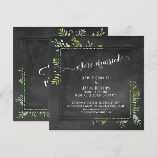 Invitación Ramo de Verde Script We're Married Pizarra (Anverso / Reverso)