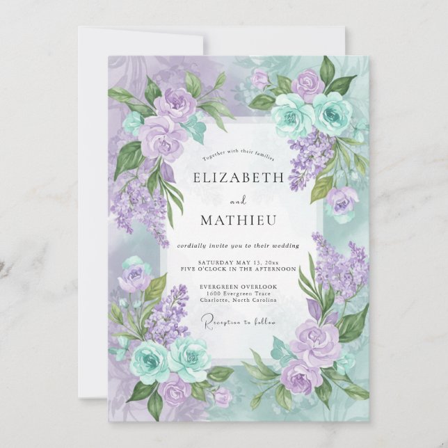 Invitación Ramo de Vinca Violeta Eucalipto Boda (Anverso)