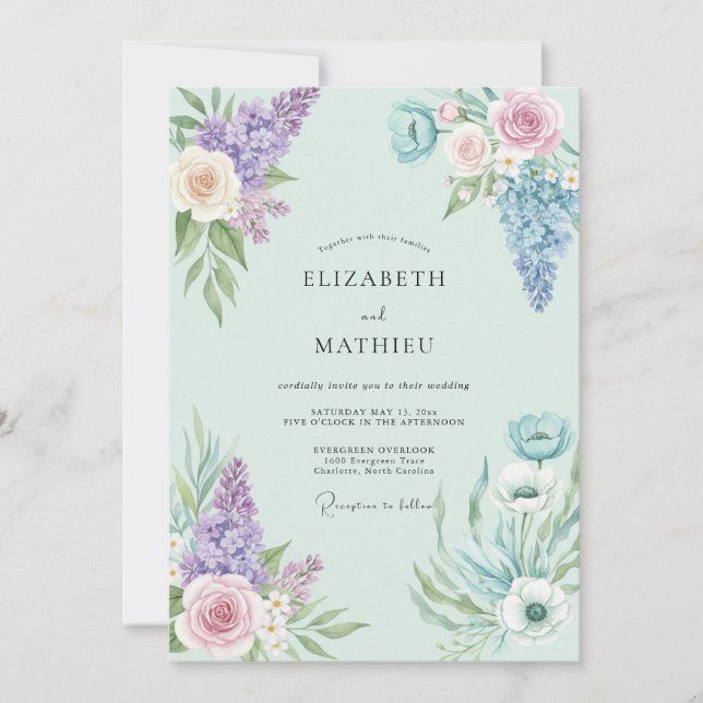 Invitación Ramo De Violeta Menta Boda De Eucalipto (Anverso)