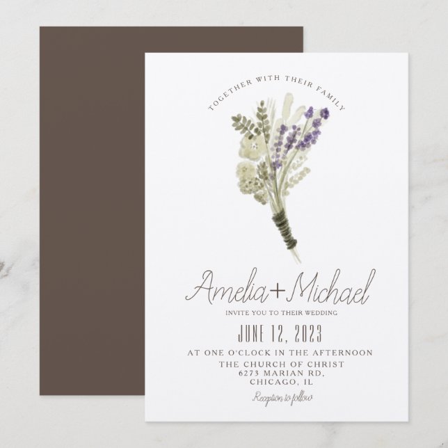 Invitación Ramo Ecológico de Acuarela de Lavanda para Boda (Anverso / Reverso)