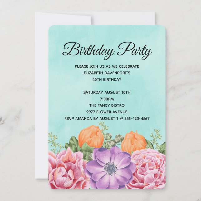 Invitación Ramo Elegante de Flores de Acuarela Cumpleaños (Anverso)
